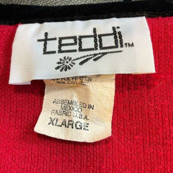 Vintage Teddi Pullover Cardigan Sweater Size XL Red and Black Floral Embroidery - Picture 5 of 9